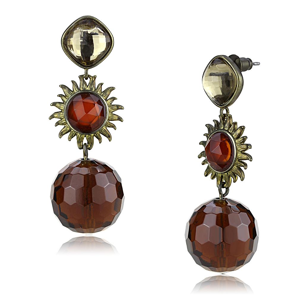 Antique Copper Brass Earrings with Synthetic Synthetic Glass in Brown