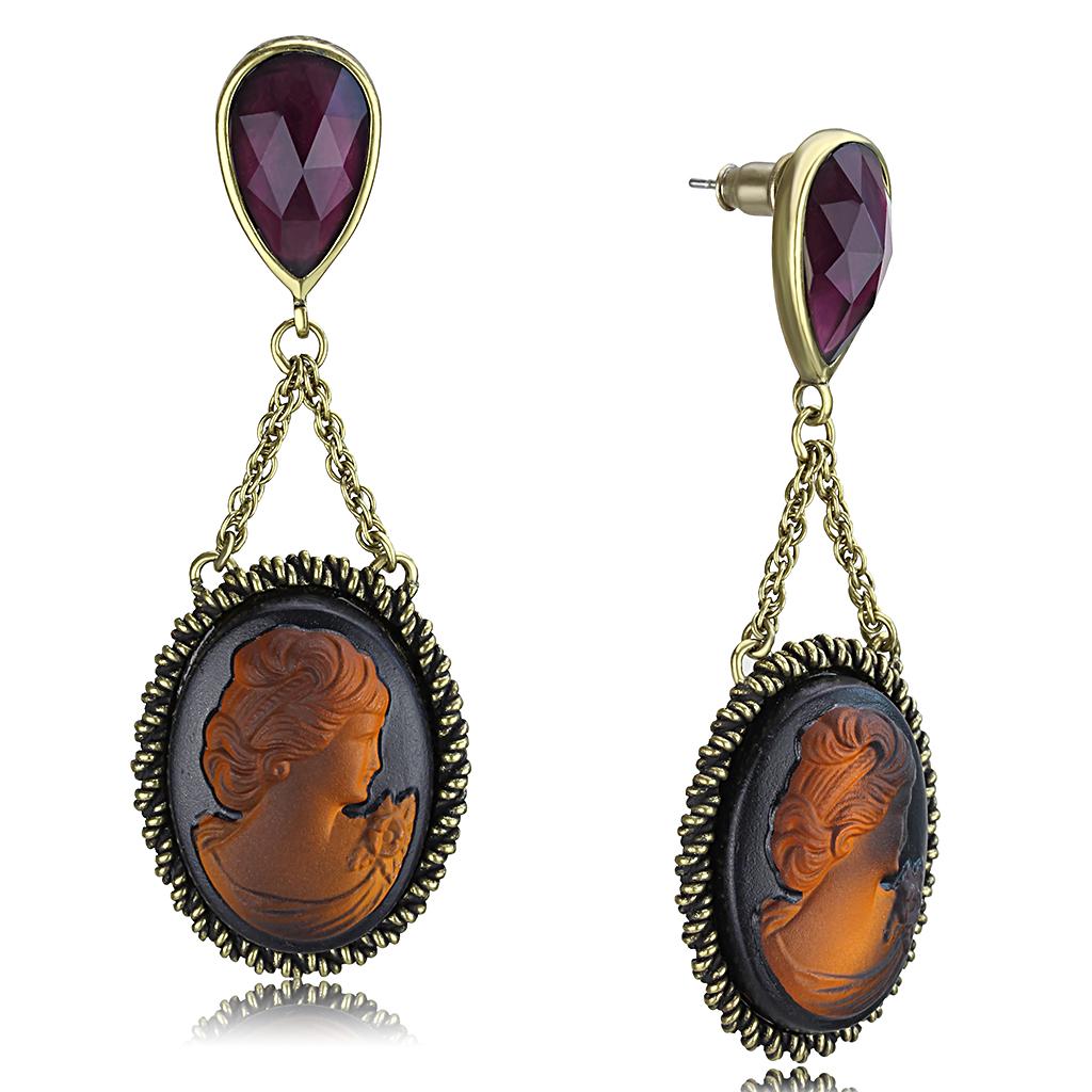 Antique Copper Brass Earrings with Synthetic Synthetic Stone in Smoked Quartz