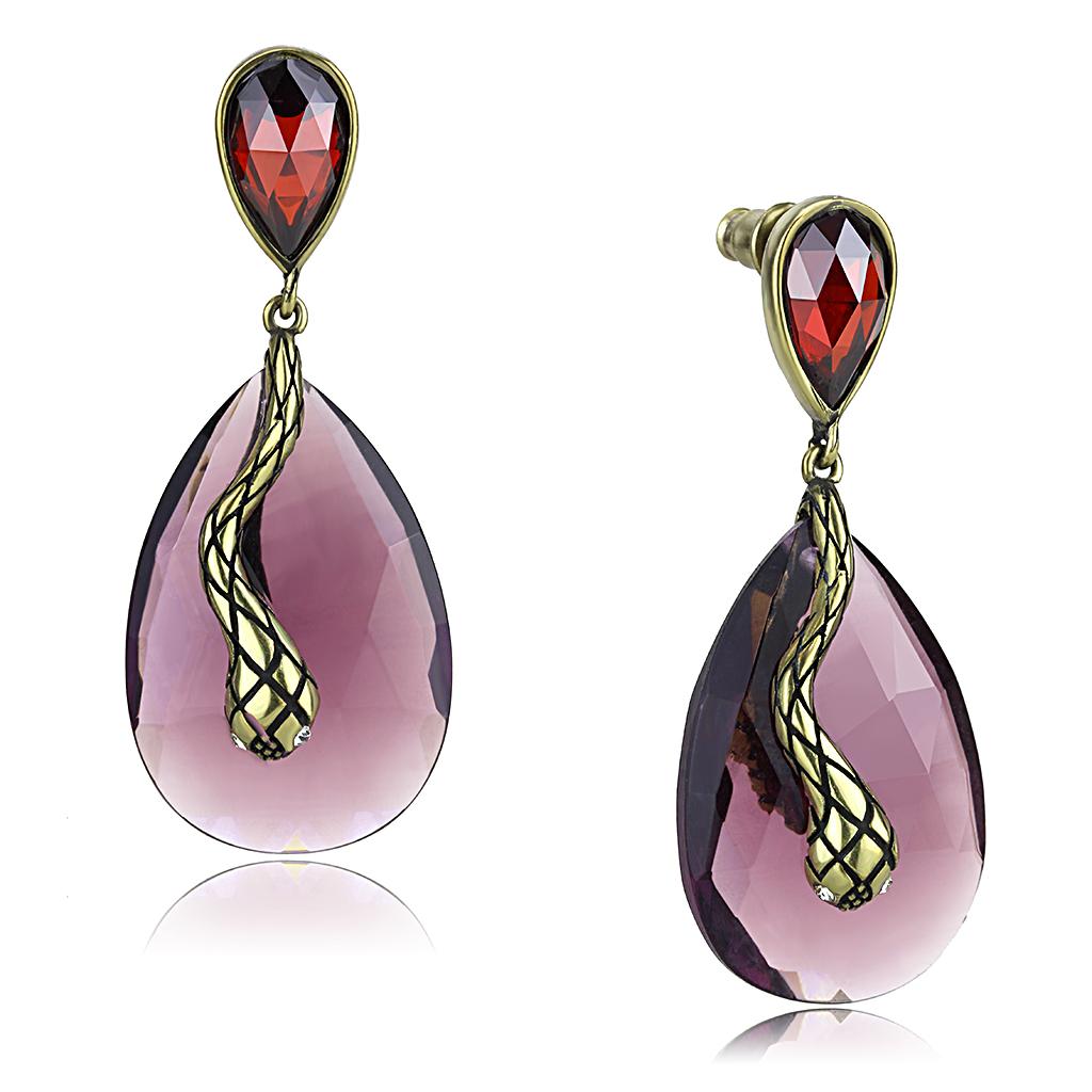 Antique Copper Brass Earrings with Synthetic Synthetic Glass in Amethyst