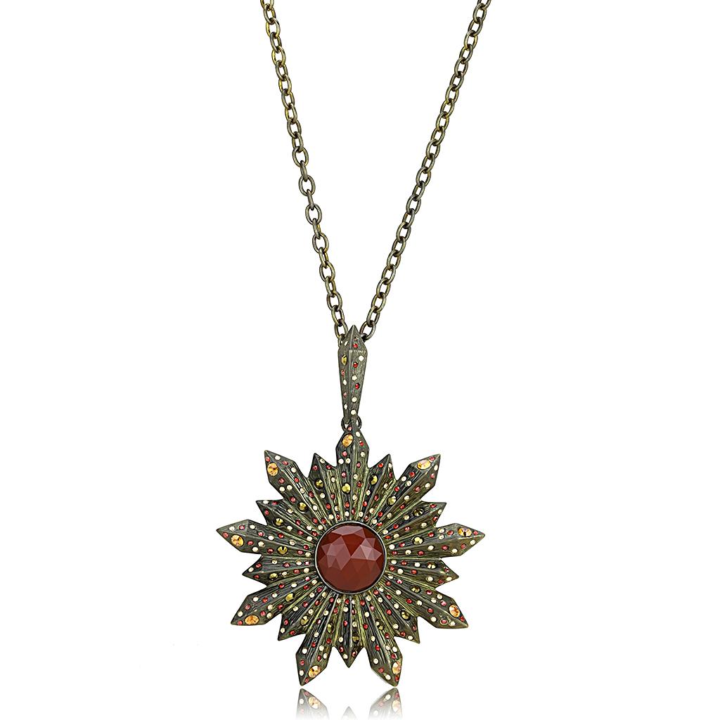 Antique Copper Brass Necklace with Synthetic Onyx in Red Series