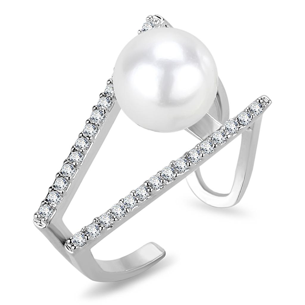 Rhodium Brass Ring with Synthetic Pearl in White