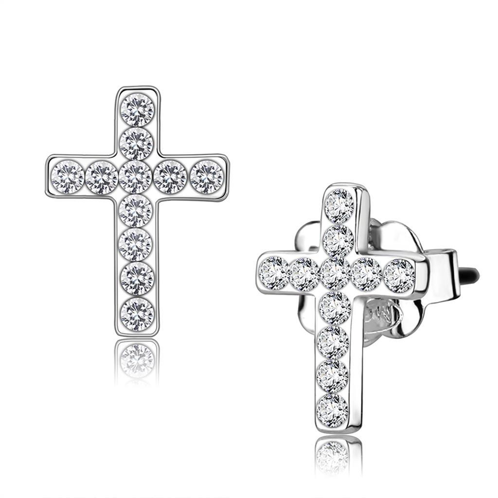 Silver+ e-coating Brass Earrings with Top Grade Crystal  in Clear