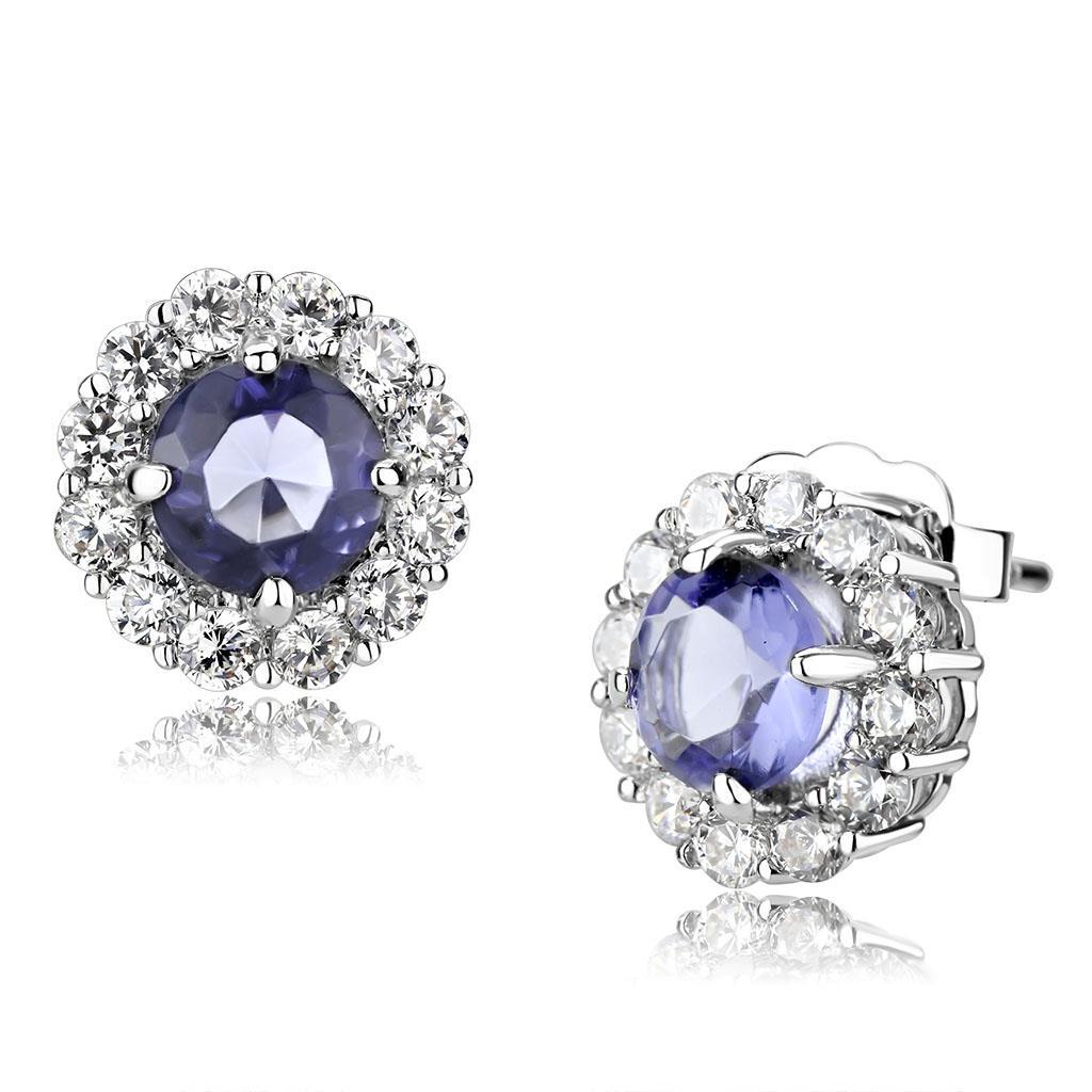 Rhodium Brass Earrings with Synthetic Synthetic Glass in Tanzanite