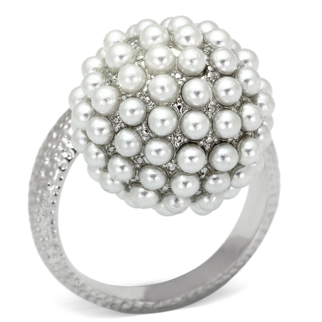 Rhodium Brass Ring with Synthetic Pearl in White