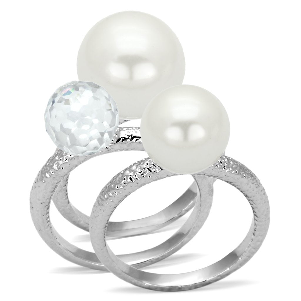Rhodium Brass Ring with Synthetic Pearl in White