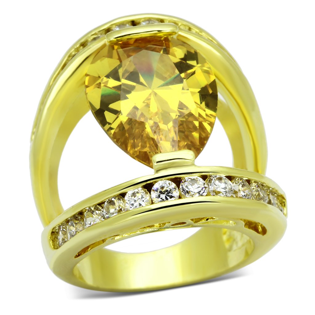 Gold Brass Ring with AAA Grade CZ  in Topaz