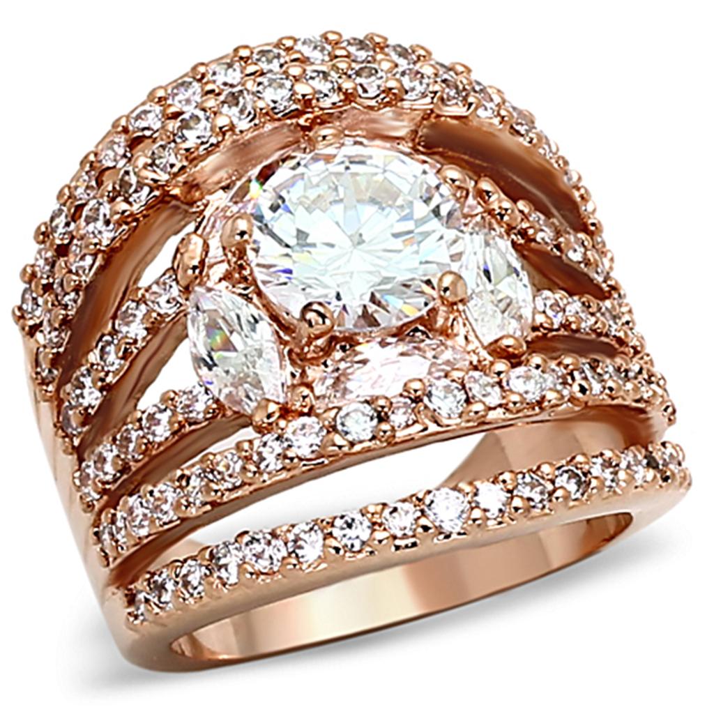 Rose Gold Brass Ring with AAA Grade CZ  in Clear