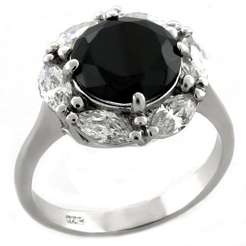 Rhodium 925 Sterling Silver Ring with AAA Grade CZ  in Jet