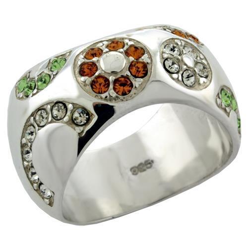 High-Polished 925 Sterling Silver Ring with Top Grade Crystal  in Multi Color