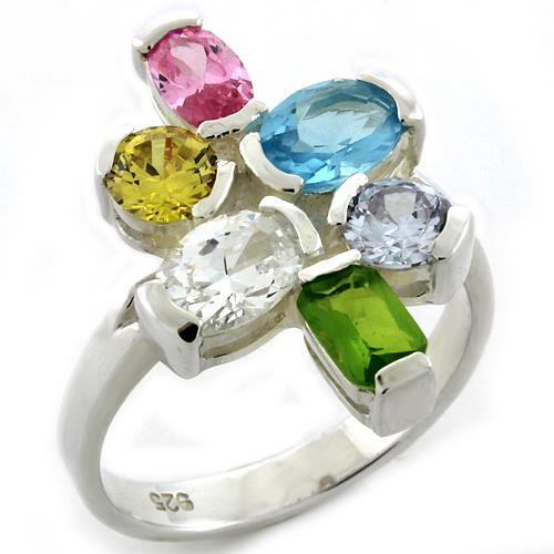 High-Polished 925 Sterling Silver Ring with AAA Grade CZ  in Multi Color