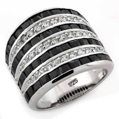 Rhodium 925 Sterling Silver Ring with AAA Grade CZ  in Jet