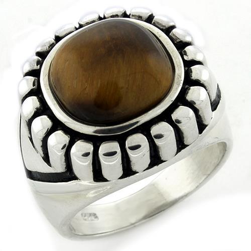 High-Polished 925 Sterling Silver Ring with Synthetic Tiger Eye in Brown