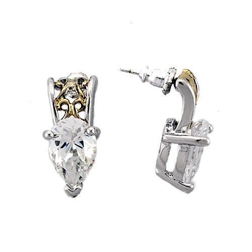 Reverse Two-Tone 925 Sterling Silver Earrings with AAA Grade CZ  in Clear