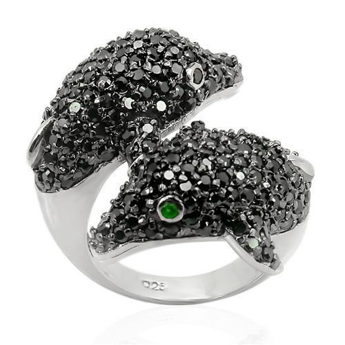 Rhodium + Ruthenium 925 Sterling Silver Ring with Synthetic Synthetic Glass in Emerald