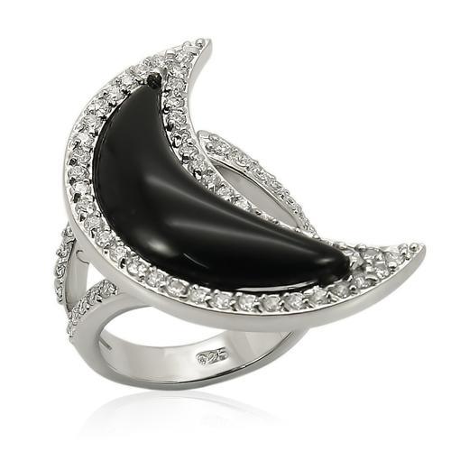 Rhodium 925 Sterling Silver Ring with Synthetic Synthetic Glass in Jet