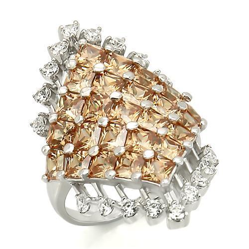 Rhodium 925 Sterling Silver Ring with AAA Grade CZ  in Champagne