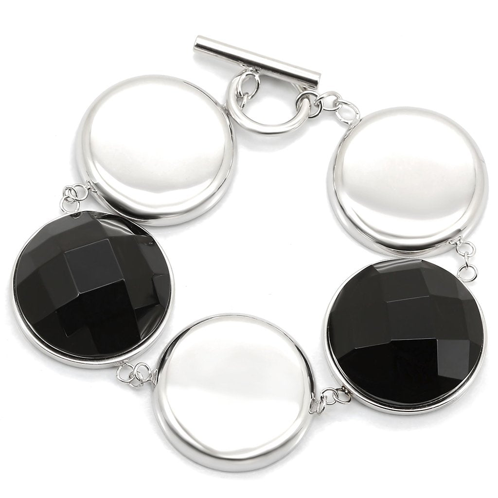 Rhodium 925 Sterling Silver Bracelet with Semi-Precious Agate in Jet