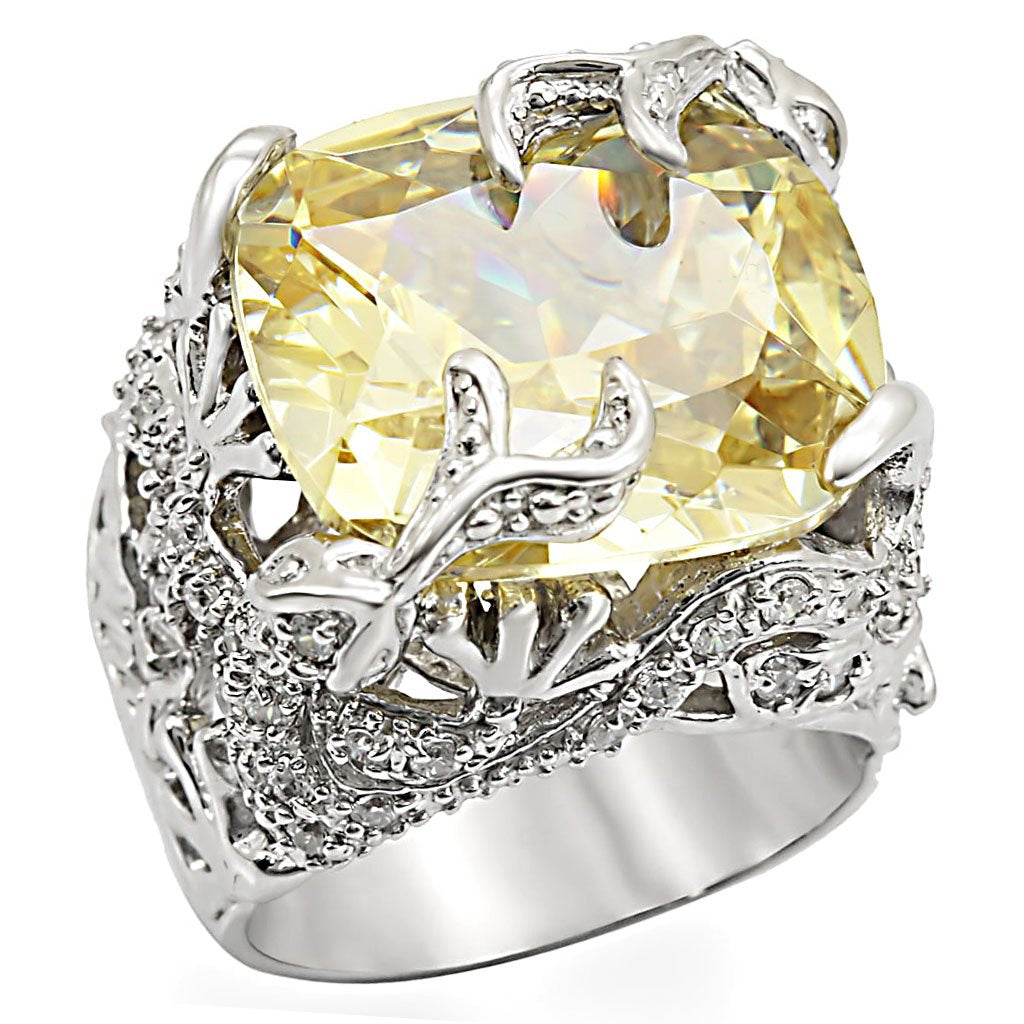Rhodium 925 Sterling Silver Ring with AAA Grade CZ  in Citrine Yellow