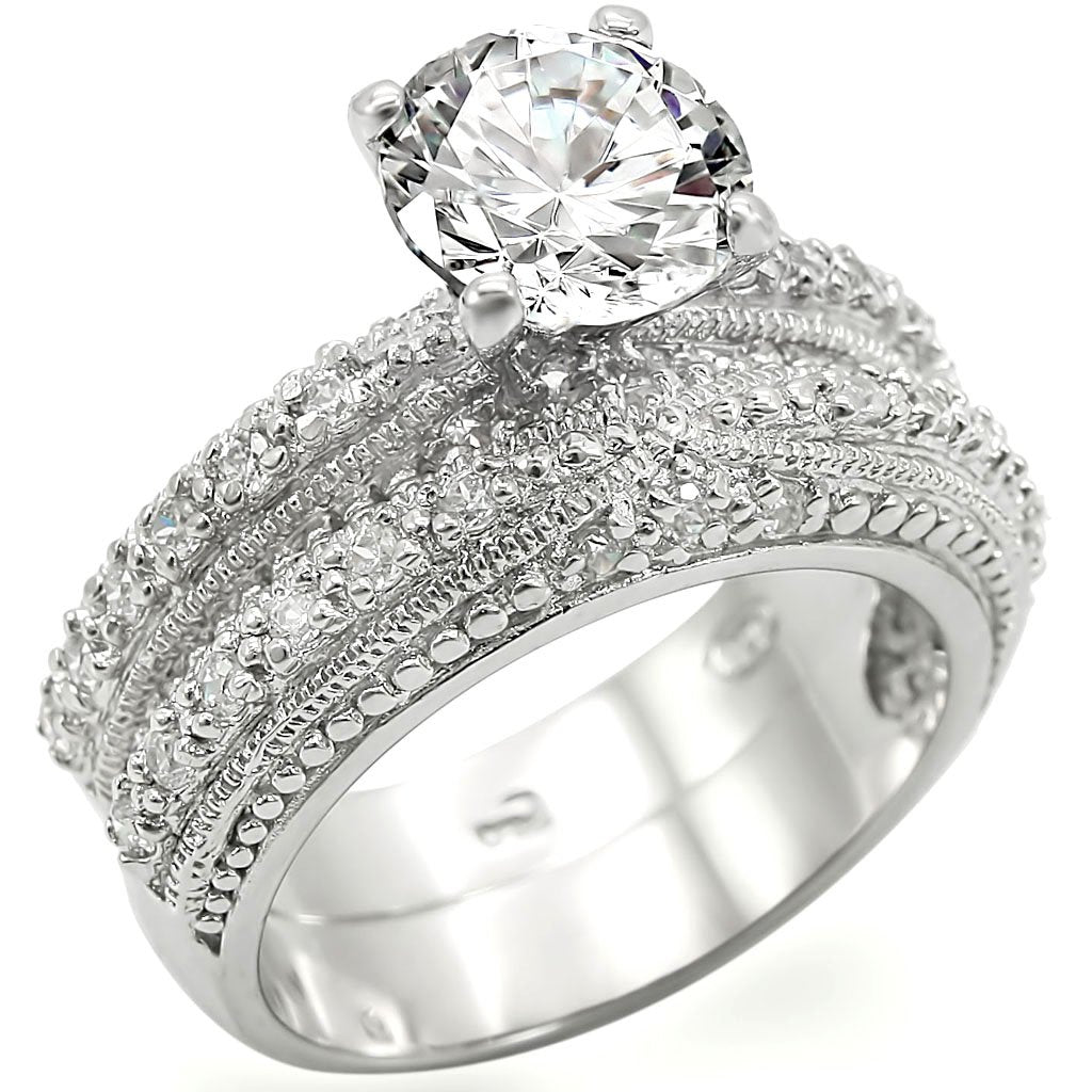 Rhodium 925 Sterling Silver Ring with AAA Grade CZ  in Clear