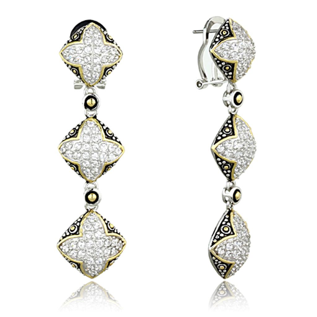 Reverse Two-Tone 925 Sterling Silver Earrings with AAA Grade CZ  in Clear