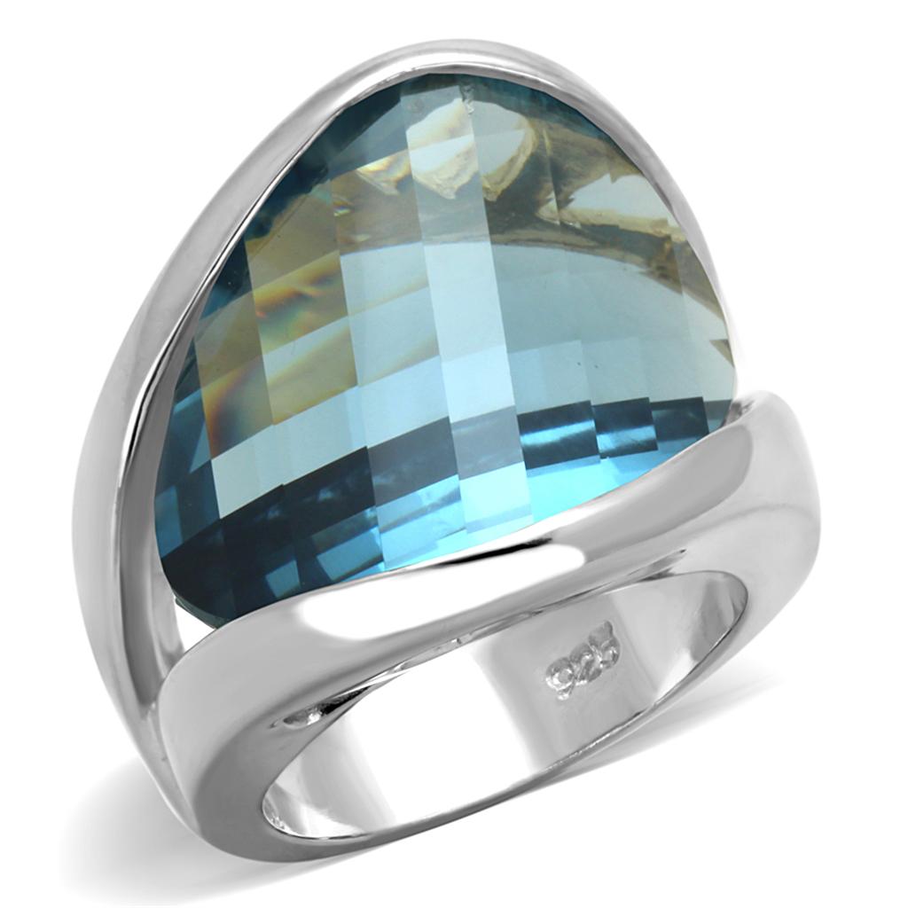 Rhodium 925 Sterling Silver Ring with Synthetic Synthetic Glass in Sea Blue