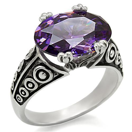 High polished (no plating) Stainless Steel Ring with AAA Grade CZ  in Amethyst