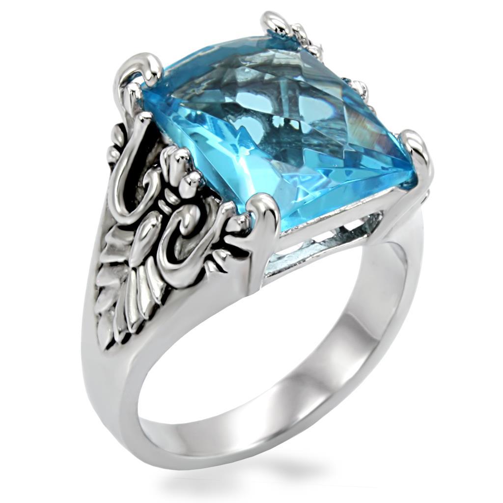 High polished (no plating) Stainless Steel Ring with Synthetic Synthetic Glass in Sea Blue