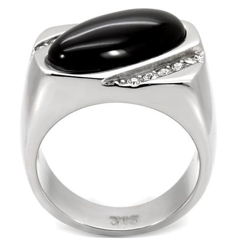 High polished (no plating) Stainless Steel Ring with Semi-Precious Agate in Jet