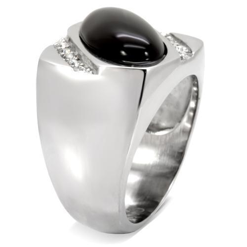 High polished (no plating) Stainless Steel Ring with Semi-Precious Agate in Jet