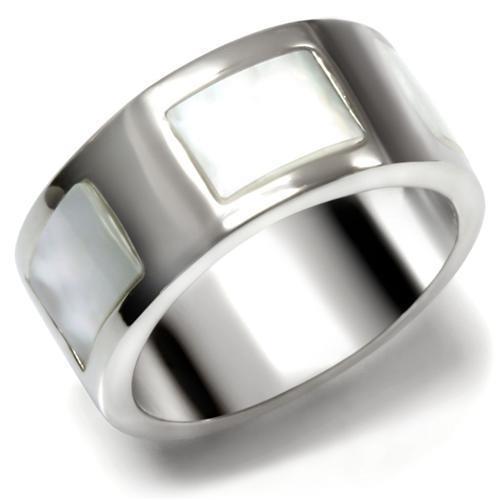 High polished (no plating) Stainless Steel Ring with Precious Stone Conch in White