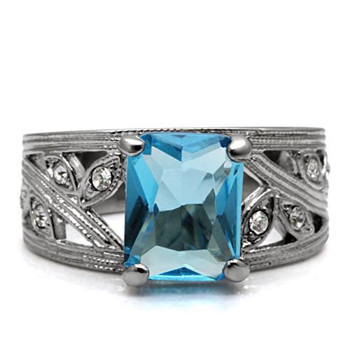 High polished (no plating) Stainless Steel Ring with Synthetic Synthetic Glass in Sea Blue