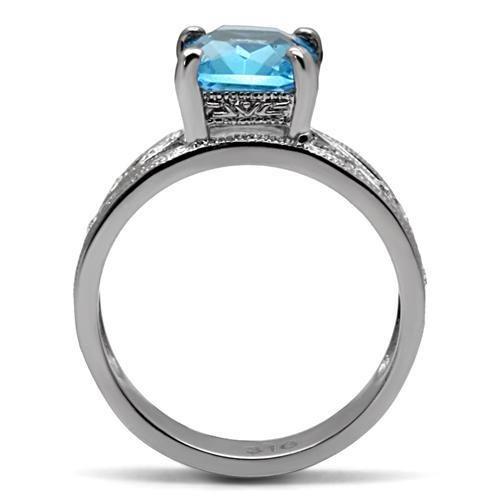 High polished (no plating) Stainless Steel Ring with Synthetic Synthetic Glass in Sea Blue