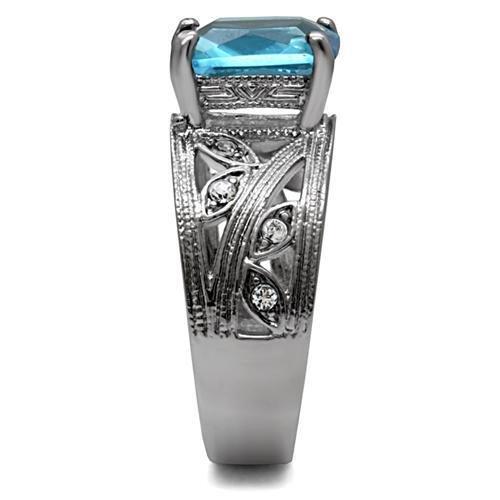High polished (no plating) Stainless Steel Ring with Synthetic Synthetic Glass in Sea Blue