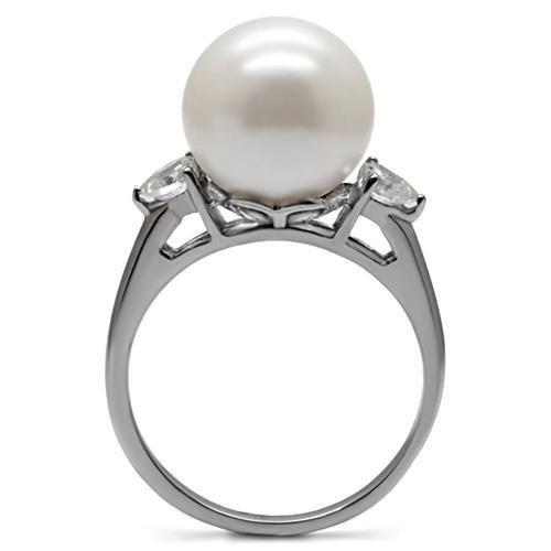 High polished (no plating) Stainless Steel Ring with Synthetic Pearl in Aurora Borealis (Rainbow Effect)