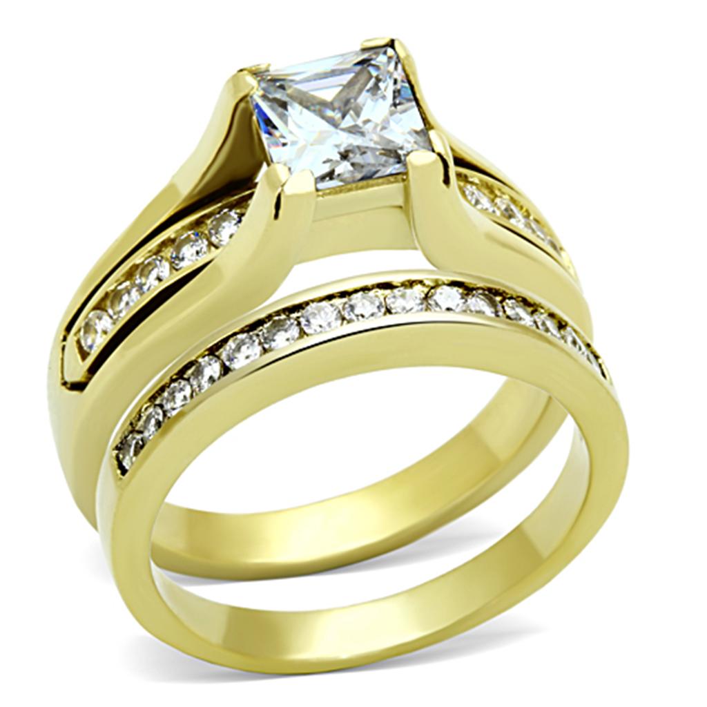 IP Gold(Ion Plating) Stainless Steel Ring with AAA Grade CZ  in Clear