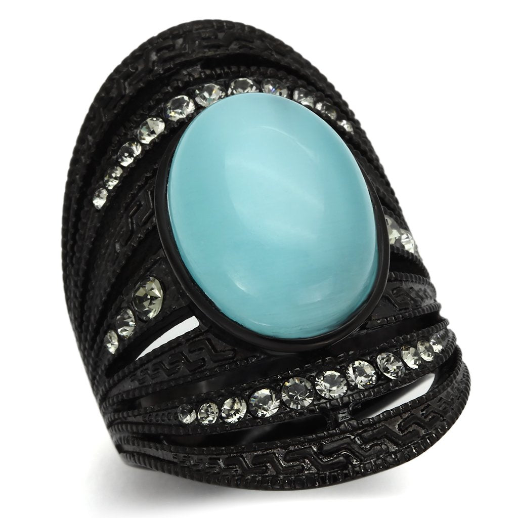IP Black(Ion Plating) Stainless Steel Ring with Synthetic Cat Eye in Sea Blue