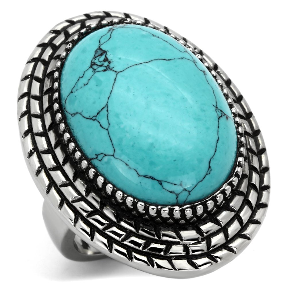 High polished (no plating) Stainless Steel Ring with Semi-Precious Turquoise in Sea Blue