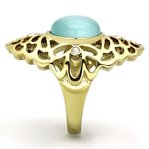 IP Gold(Ion Plating) Stainless Steel Ring with Synthetic Cat Eye in Light Sapphire