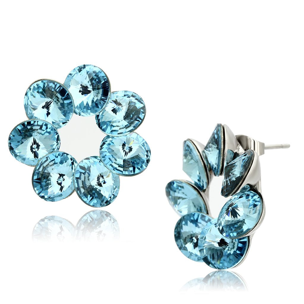 High polished (no plating) Stainless Steel Earrings with Top Grade Crystal  in Sea Blue