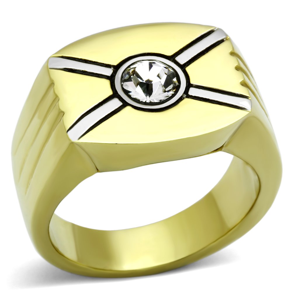 Two-Tone IP Gold (Ion Plating) Stainless Steel Ring with Top Grade Crystal  in Clear