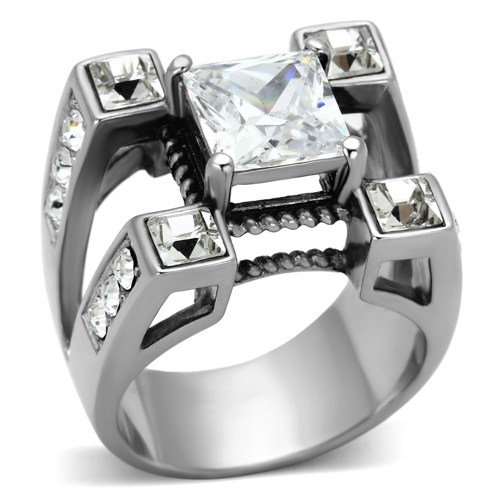High polished (no plating) Stainless Steel Ring with AAA Grade CZ  in Clear
