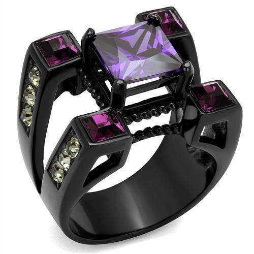 IP Black(Ion Plating) Stainless Steel Ring with AAA Grade CZ  in Amethyst