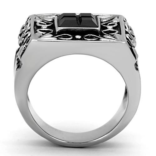 High polished (no plating) Stainless Steel Ring with Synthetic Synthetic Glass in Jet