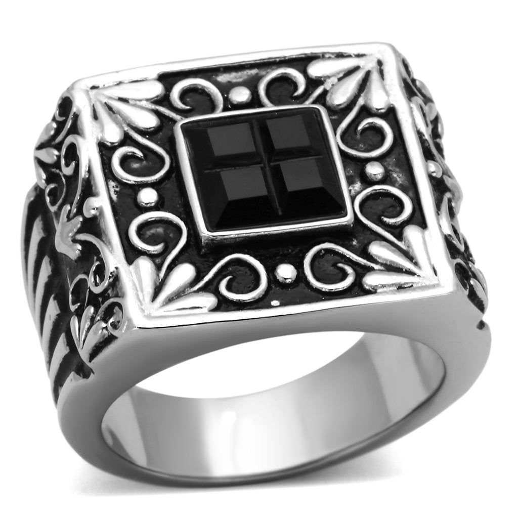 High polished (no plating) Stainless Steel Ring with Synthetic Synthetic Glass in Jet