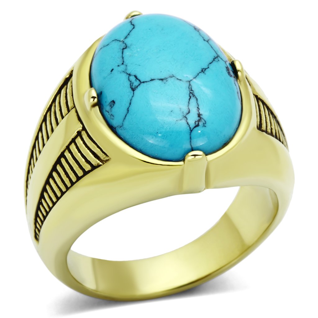 IP Gold(Ion Plating) Stainless Steel Ring with Synthetic Turquoise in Sea Blue