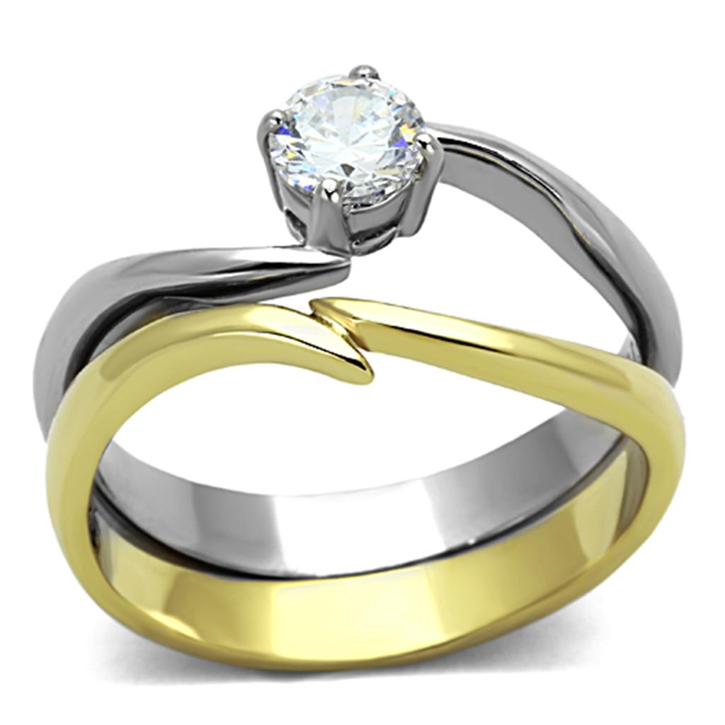 Two-Tone IP Gold (Ion Plating) Stainless Steel Ring with AAA Grade CZ  in Clear