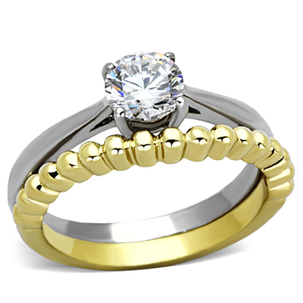 Two-Tone IP Gold (Ion Plating) Stainless Steel Ring with AAA Grade CZ  in Clear