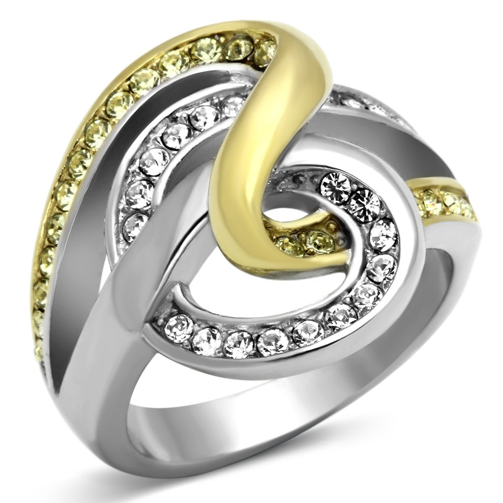 Two-Tone IP Gold (Ion Plating) Stainless Steel Ring with Top Grade Crystal  in Citrine Yellow
