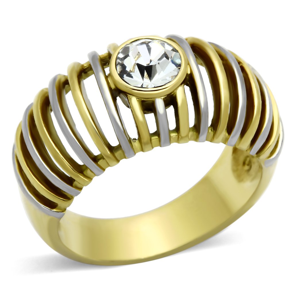 Two-Tone IP Gold (Ion Plating) Stainless Steel Ring with Top Grade Crystal  in Clear