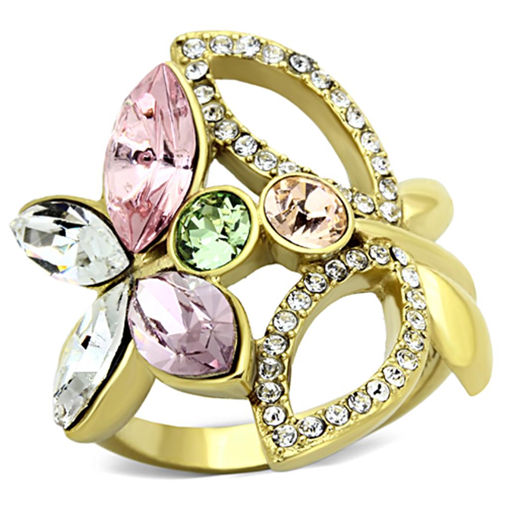 IP Gold(Ion Plating) Stainless Steel Ring with Top Grade Crystal  in Multi Color